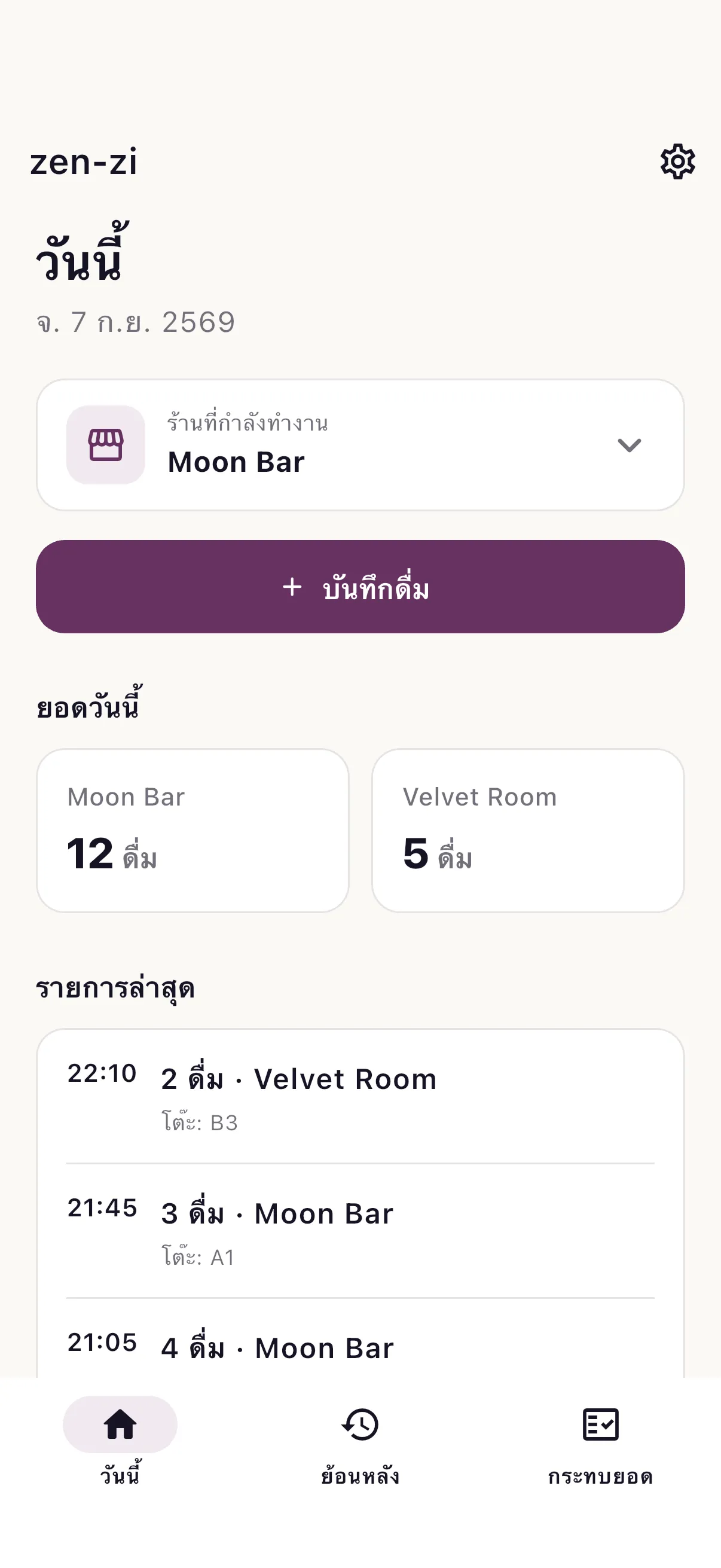 หน้าจอแอป zen-zi แสดงยอดวันนี้แยกตามร้าน